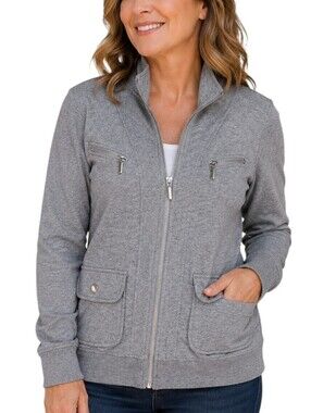 Style & Co Sport Petite S Gray Full Zip Jersey Jacket Mock Neck Stretch Utility